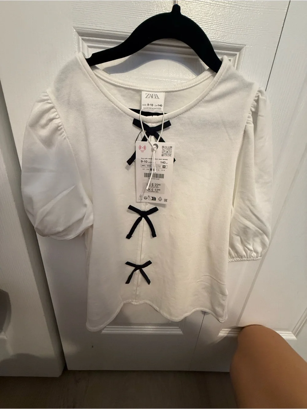 Girls White Puff-Sleeve Top with Black Bow Details